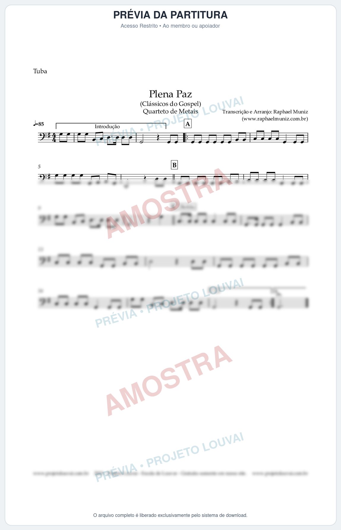 Prévia protegida da primeira página da partitura Partitura para Tuba - Plena Paz - Harpa Cristã nº 3 - Quarteto de Metais - Clássicos do Gospel
