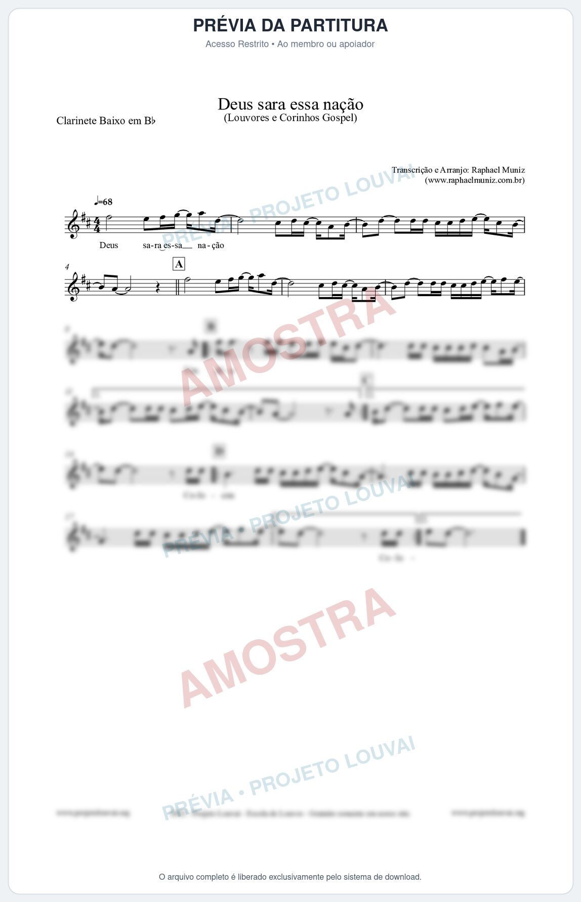 Prévia protegida da primeira página da partitura Partitura para Clarinete Baixo em Bb - Deus sara essa nação - Louvores e Corinhos Gospel
