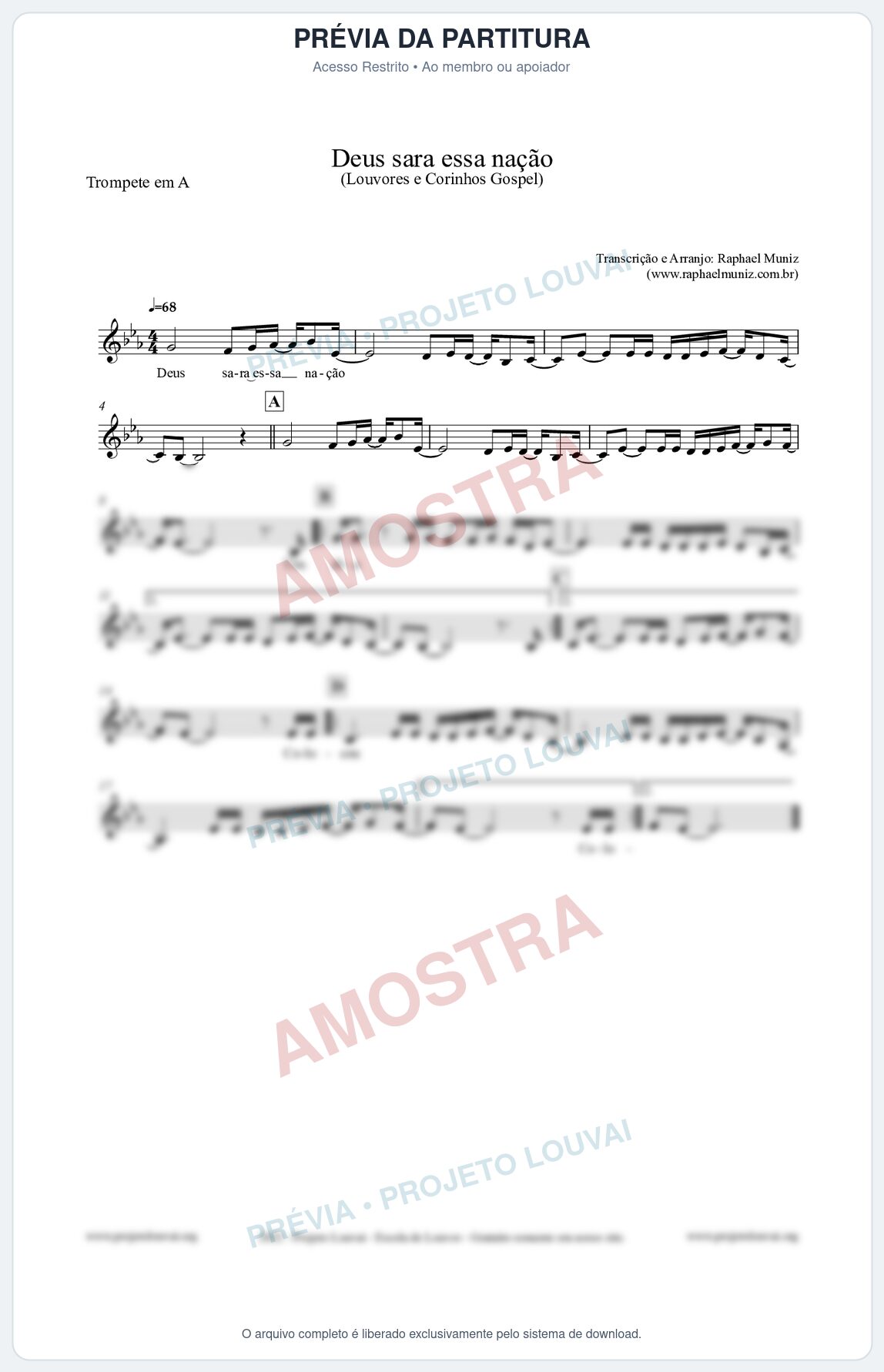 Prévia protegida da primeira página da partitura Partitura para Trompete em A - Deus sara essa nação - Louvores e Corinhos Gospel