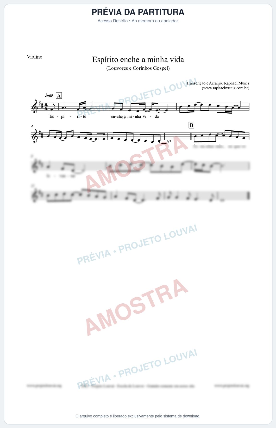 Prévia protegida da primeira página da partitura Partitura para Violino - Espírito enche a minha vida - Louvores e Corinhos Gospel