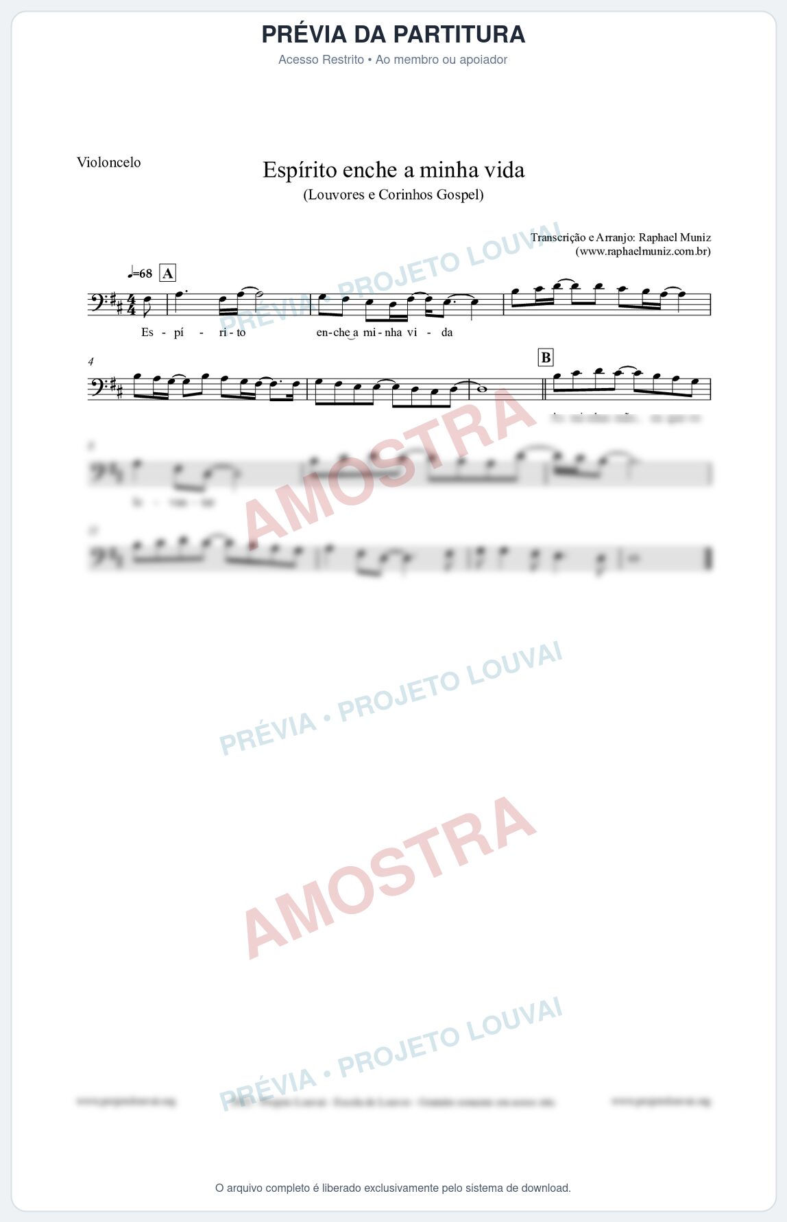 Prévia protegida da primeira página da partitura Partitura para Violoncelo - Espírito enche a minha vida - Louvores e Corinhos Gospel