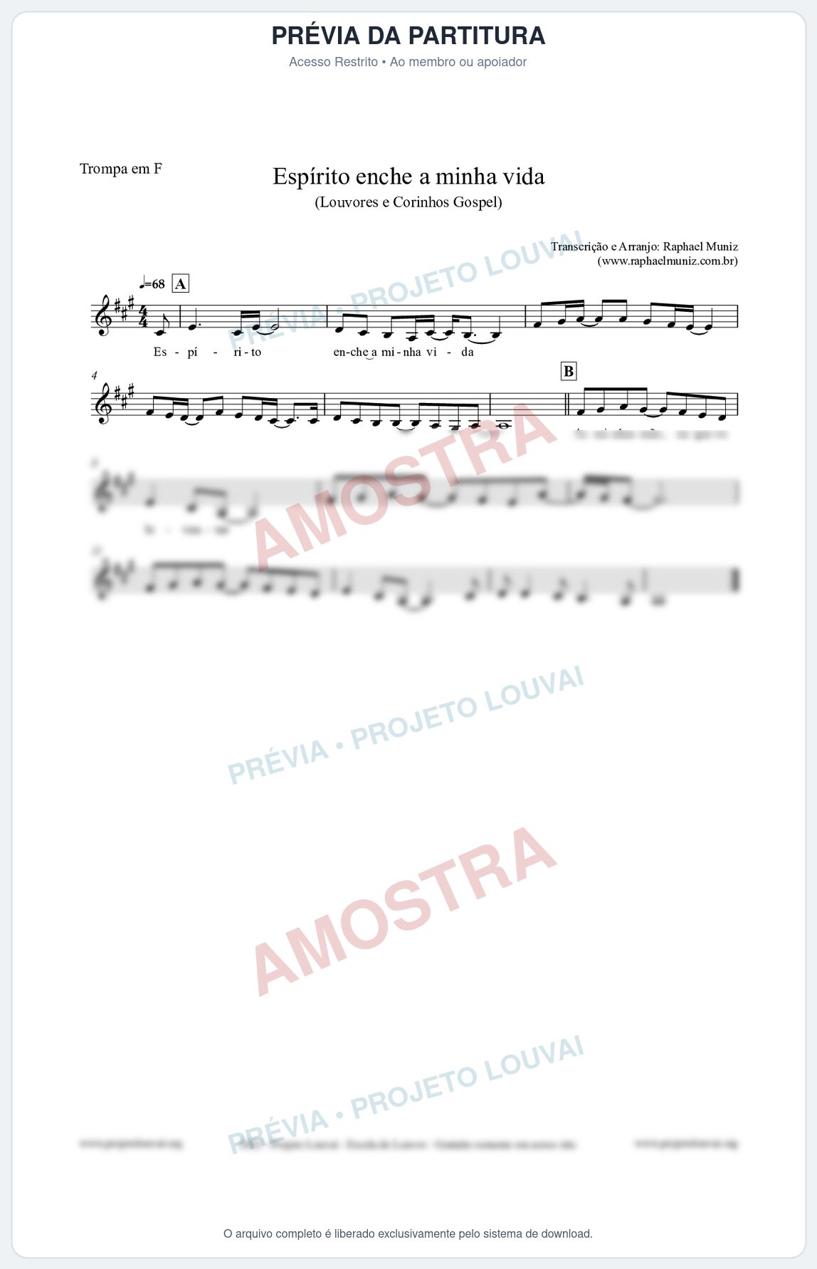Prévia protegida da primeira página da partitura Partitura para Trompa em F - Espírito enche a minha vida - Louvores e Corinhos Gospel