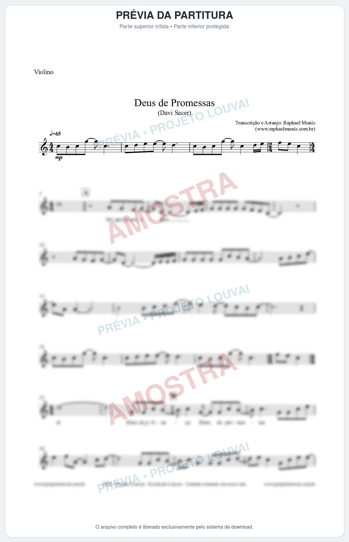 Prévia protegida da primeira página da partitura Partitura para Violino - Deus de Promessas - Davi Sacer