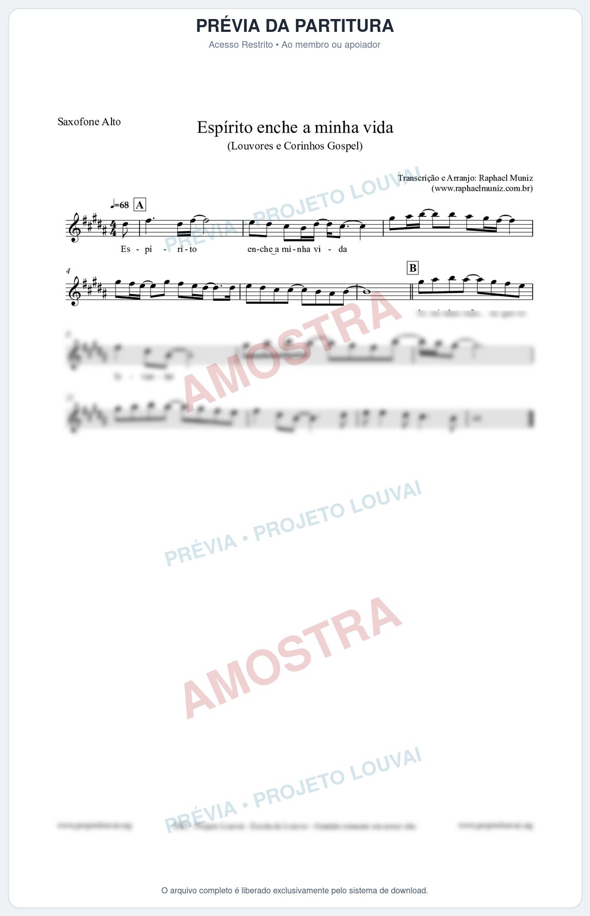 Prévia protegida da primeira página da partitura Partitura para Saxofone Alto - Espírito enche a minha vida - Louvores e Corinhos Gospel