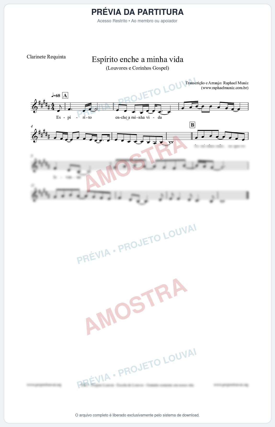 Prévia protegida da primeira página da partitura Partitura para Clarinete Requinta - Espírito enche a minha vida - Louvores e Corinhos Gospel