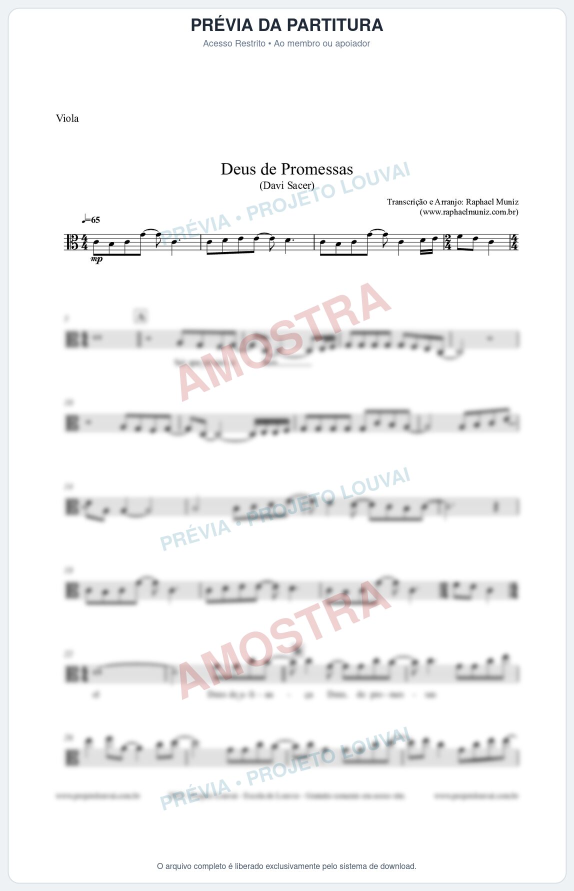 Prévia protegida da primeira página da partitura Partitura para Viola - Deus de Promessas - Davi Sacer