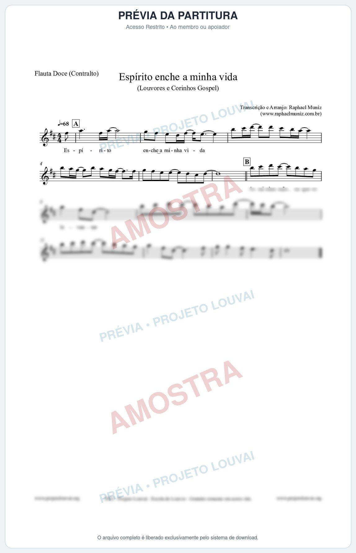 Prévia protegida da primeira página da partitura Partitura para Flauta Doce (Contralto) - Espírito enche a minha vida - Louvores e Corinhos Gospel