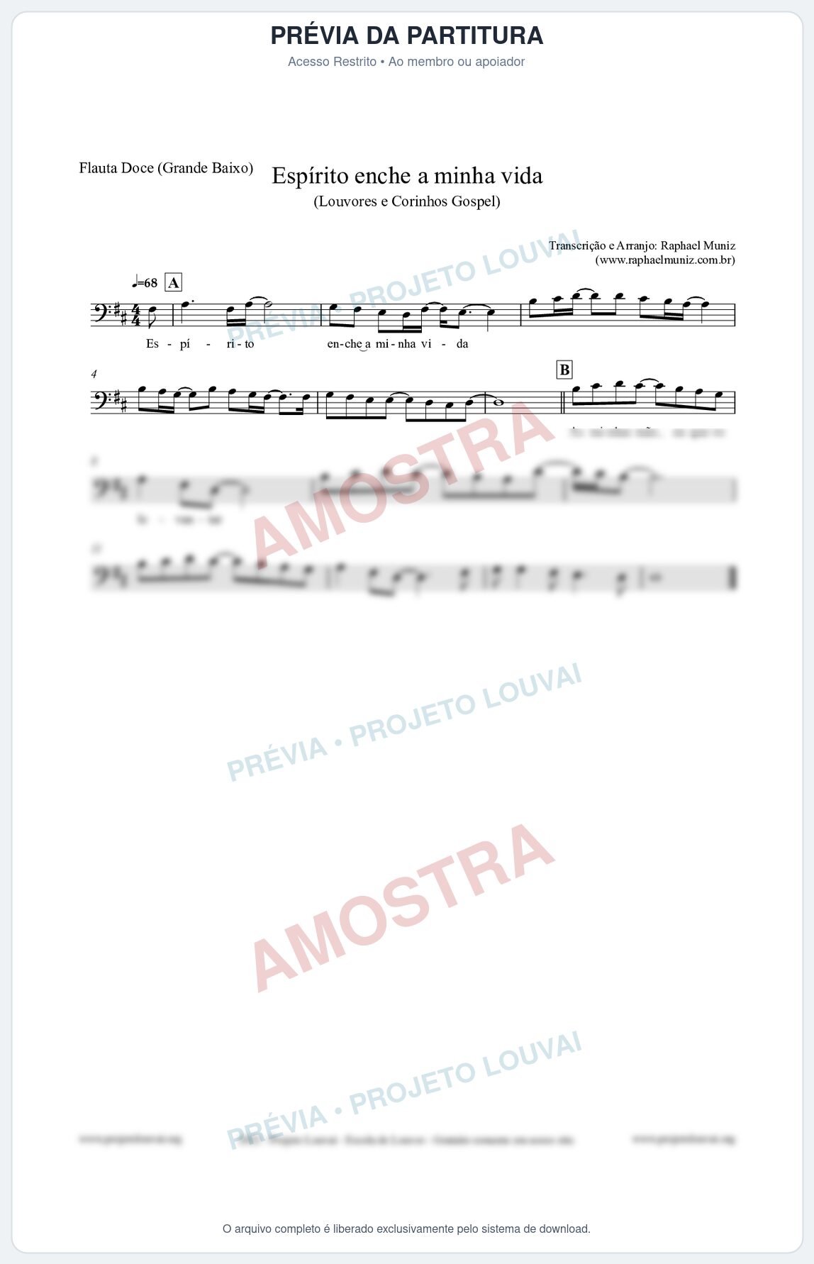 Prévia protegida da primeira página da partitura Partitura para Flauta Doce (Grande Baixo) - Espírito enche a minha vida - Louvores e Corinhos Gospel
