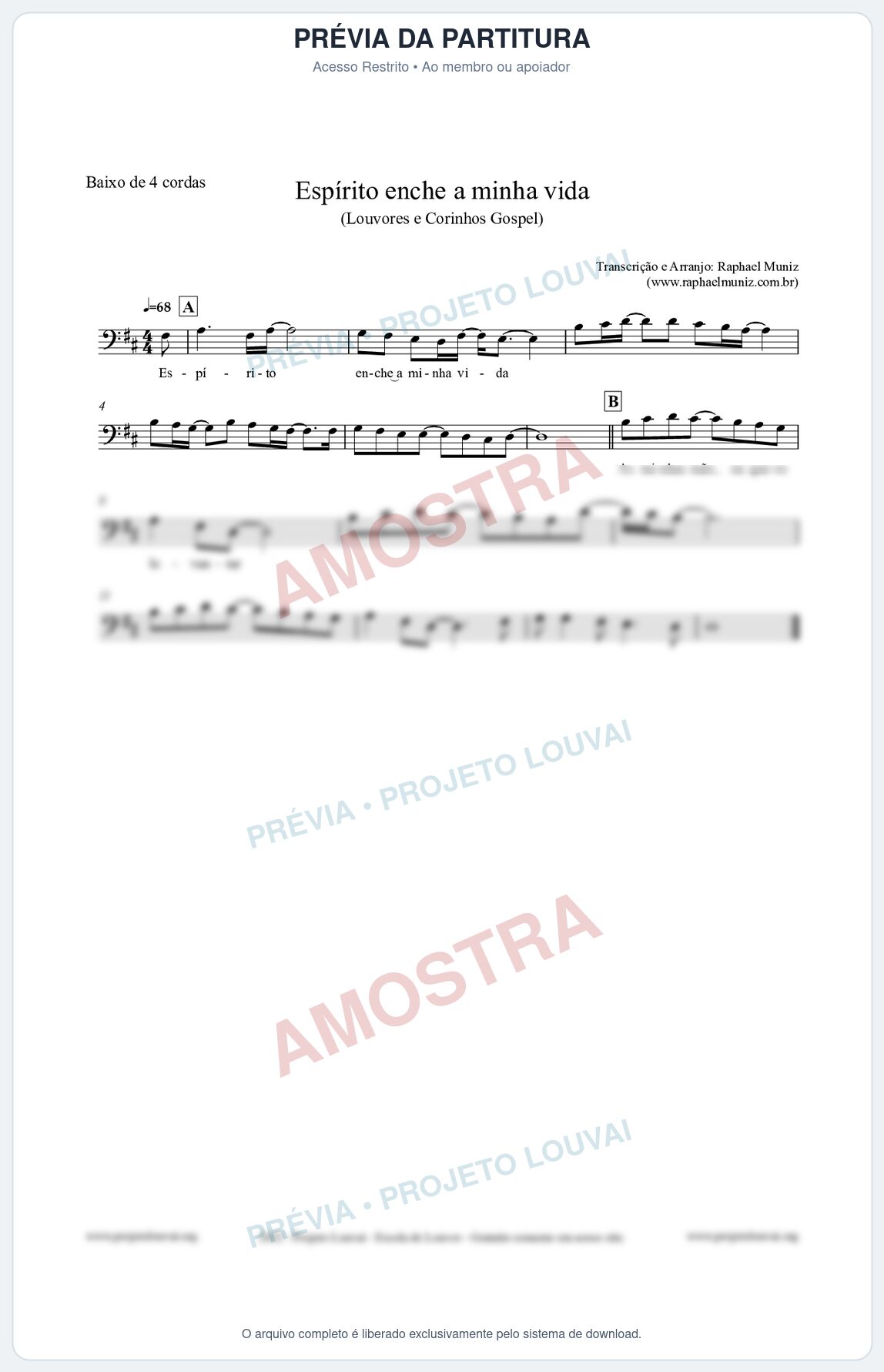 Prévia protegida da primeira página da partitura Partitura para Baixo de 4 cordas - Espírito enche a minha vida - Louvores e Corinhos Gospel