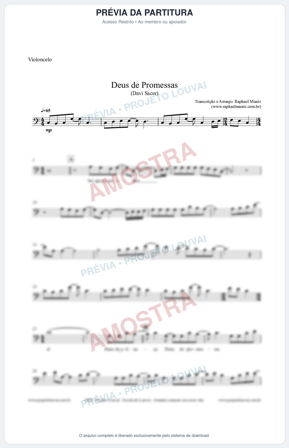 Prévia protegida da primeira página da partitura Partitura para Violoncelo - Deus de Promessas - Davi Sacer
