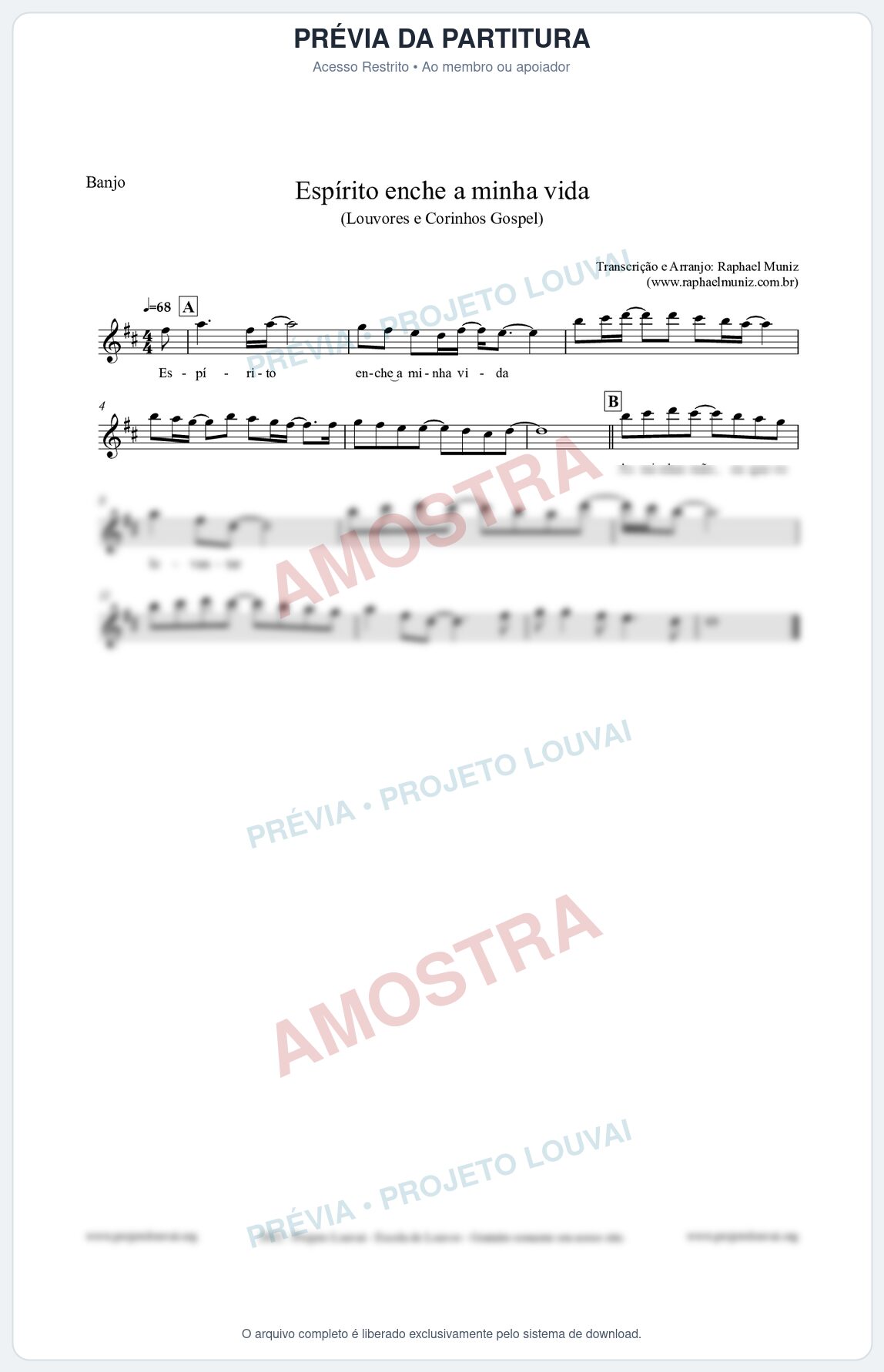 Prévia protegida da primeira página da partitura Partitura para Banjo - Espírito enche a minha vida - Louvores e Corinhos Gospel