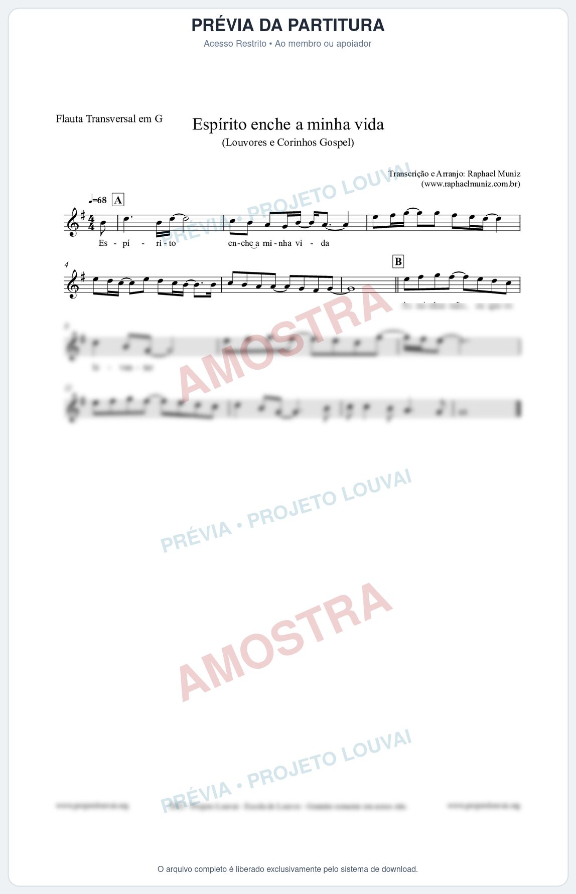 Prévia protegida da primeira página da partitura Partitura para Flauta Transversal em G - Espírito enche a minha vida - Louvores e Corinhos Gospel