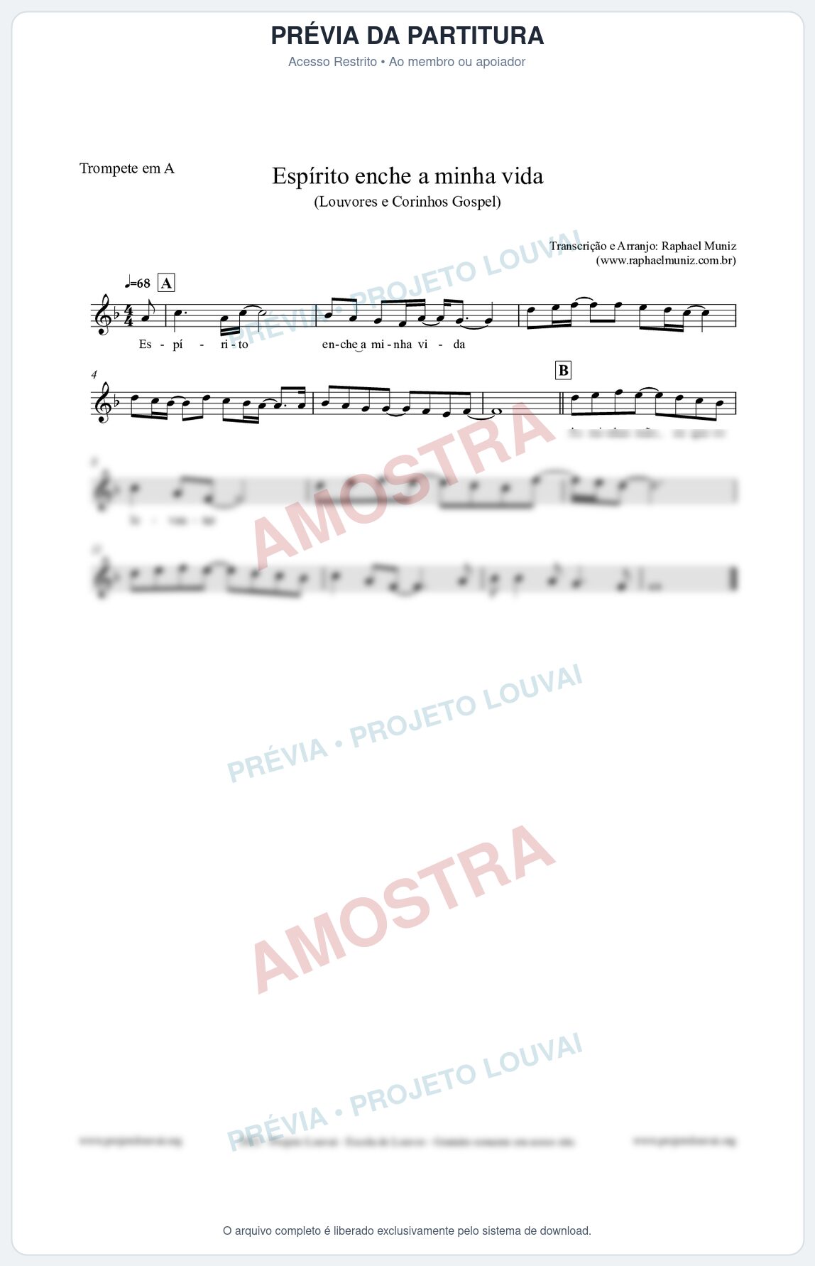 Prévia protegida da primeira página da partitura Partitura para Trompete em A - Espírito enche a minha vida - Louvores e Corinhos Gospel