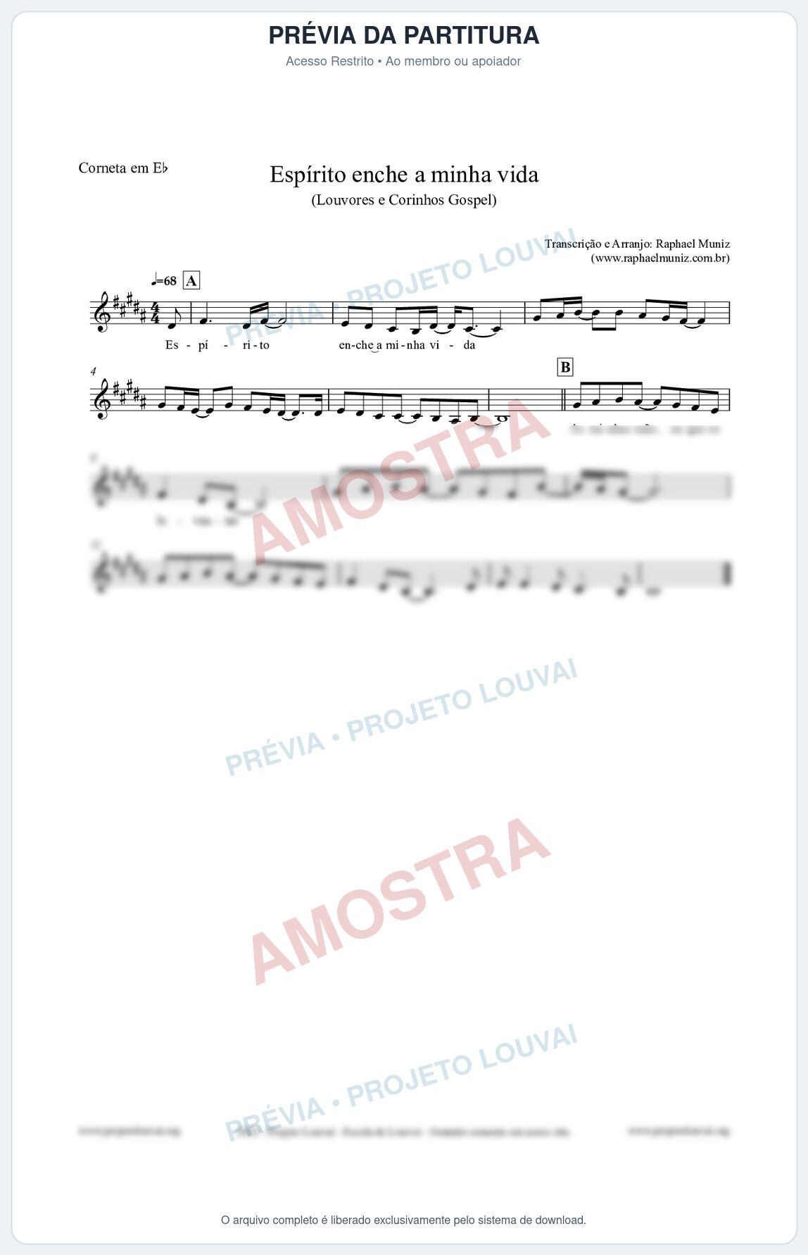 Prévia protegida da primeira página da partitura Partitura para Corneta em Eb - Espírito enche a minha vida - Louvores e Corinhos Gospel