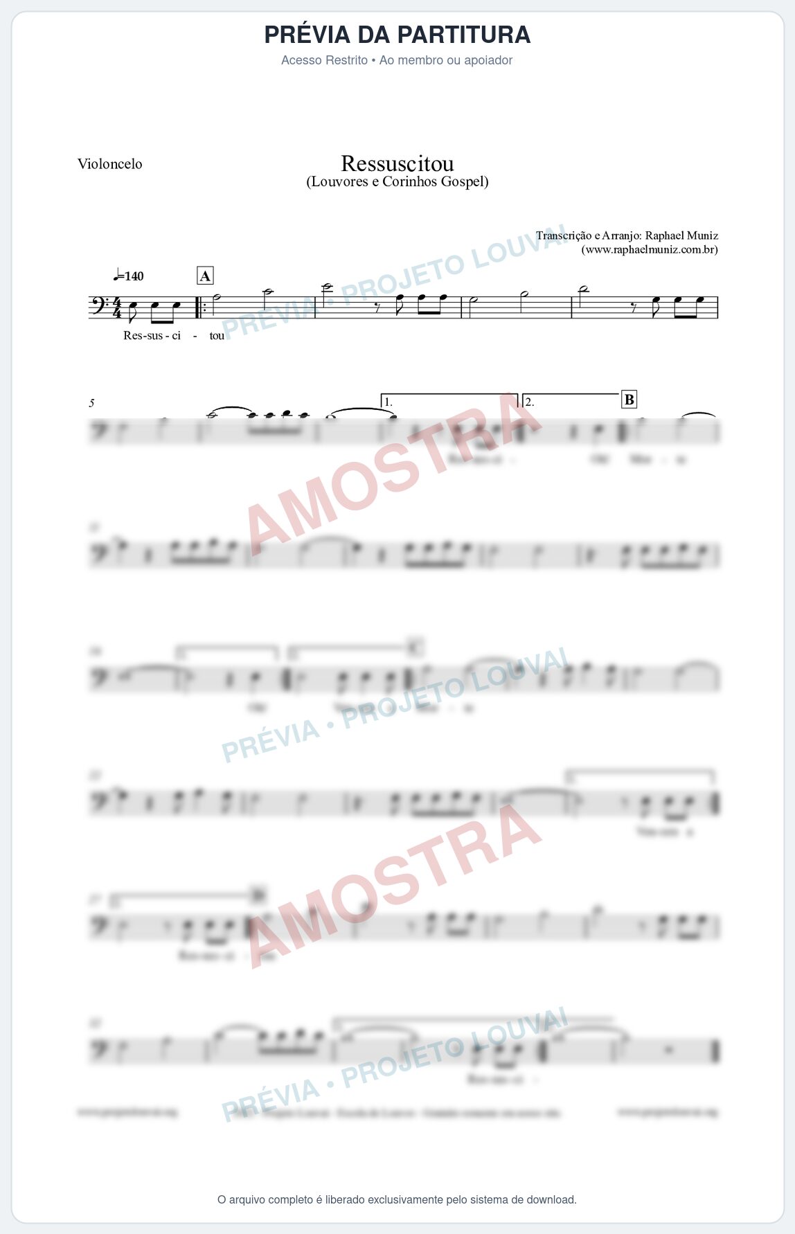 Prévia protegida da primeira página da partitura Partitura para Violoncelo - Ressuscitou - Louvores e Corinhos Gospel