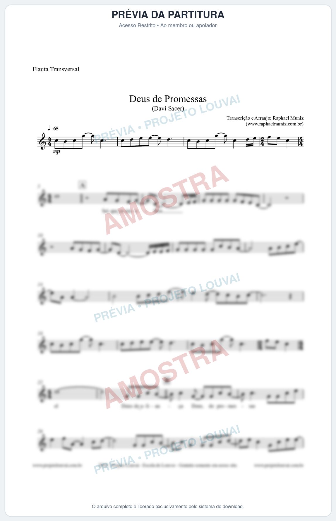 Prévia protegida da primeira página da partitura Partitura para Flauta Transversal - Deus de Promessas - Davi Sacer