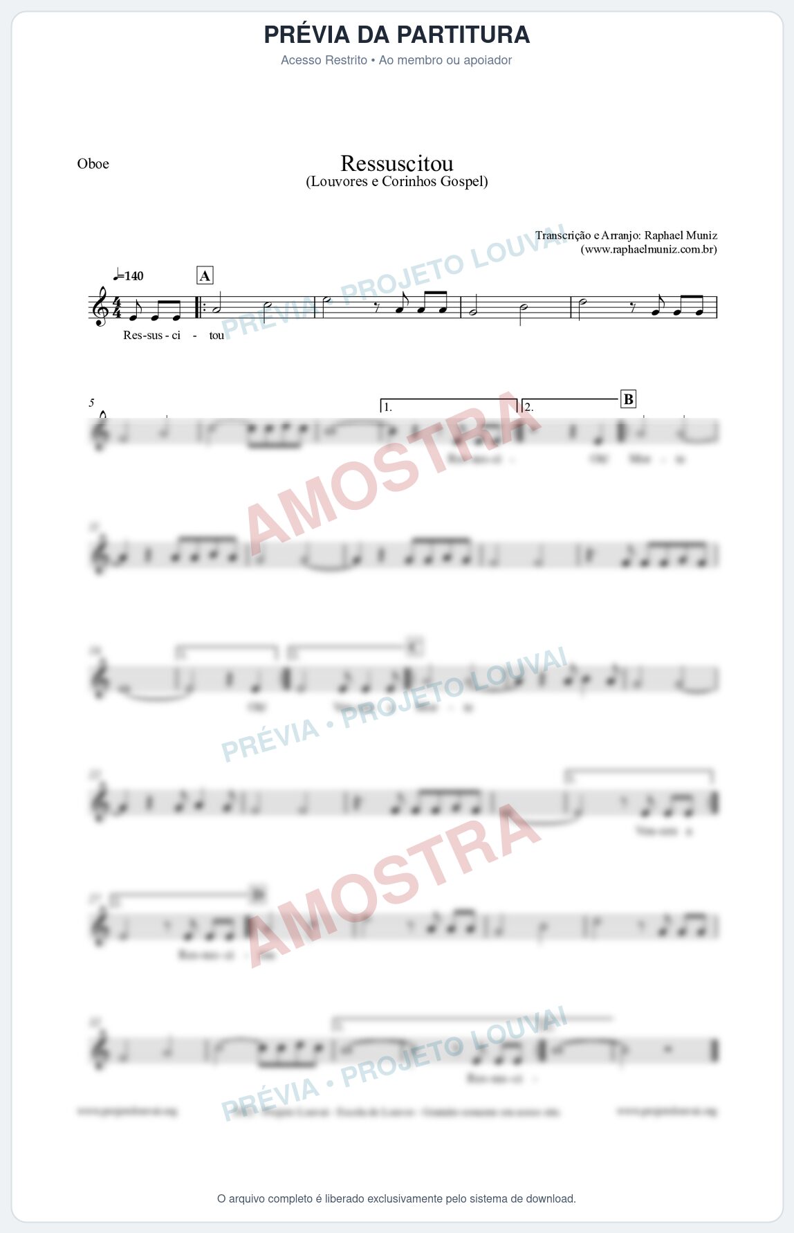 Prévia protegida da primeira página da partitura Partitura para Oboé - Ressuscitou - Louvores e Corinhos Gospel