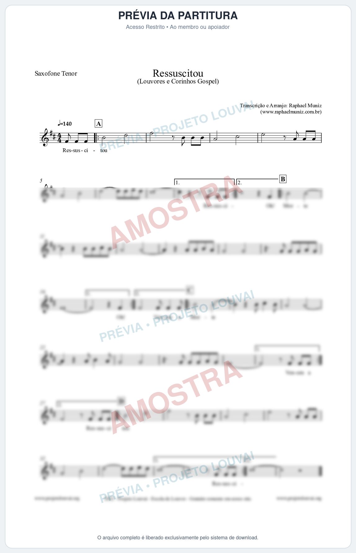 Prévia protegida da primeira página da partitura Partitura para Saxofone Tenor - Ressuscitou - Louvores e Corinhos Gospel