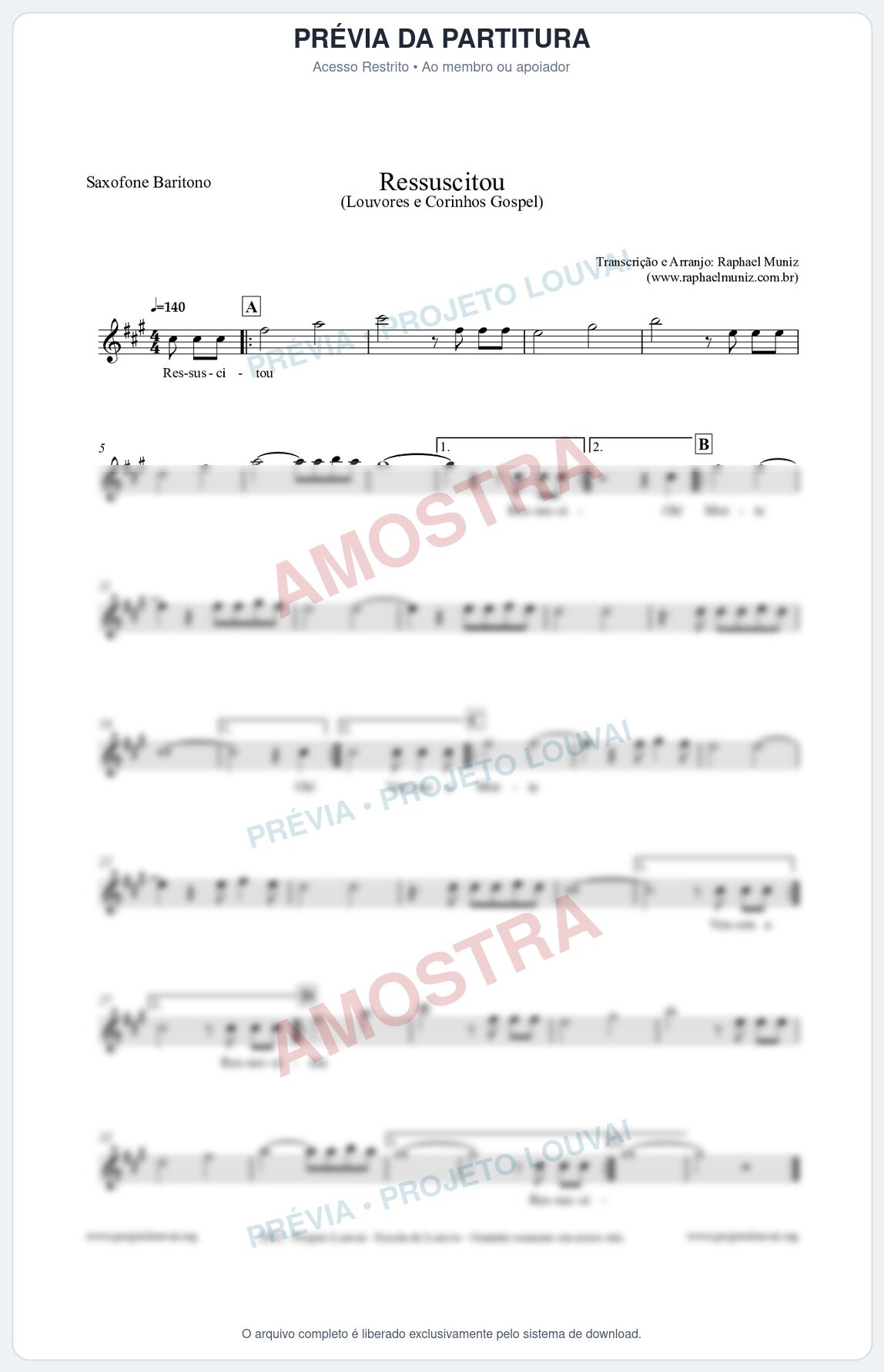 Prévia protegida da primeira página da partitura Partitura para Saxofone Barítono - Ressuscitou - Louvores e Corinhos Gospel