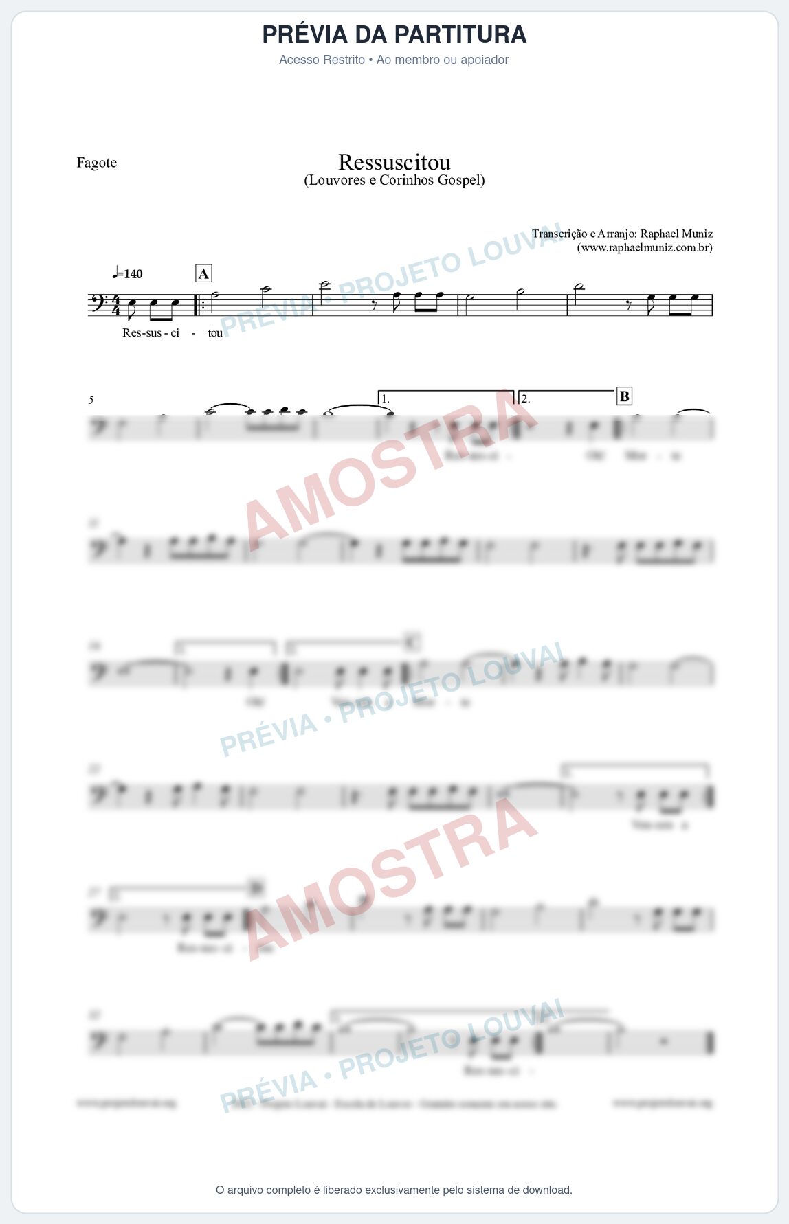 Prévia protegida da primeira página da partitura Partitura para Fagote - Ressuscitou - Louvores e Corinhos Gospel