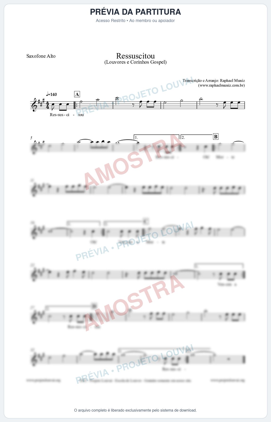 Prévia protegida da primeira página da partitura Partitura para Saxofone Alto - Ressuscitou - Louvores e Corinhos Gospel