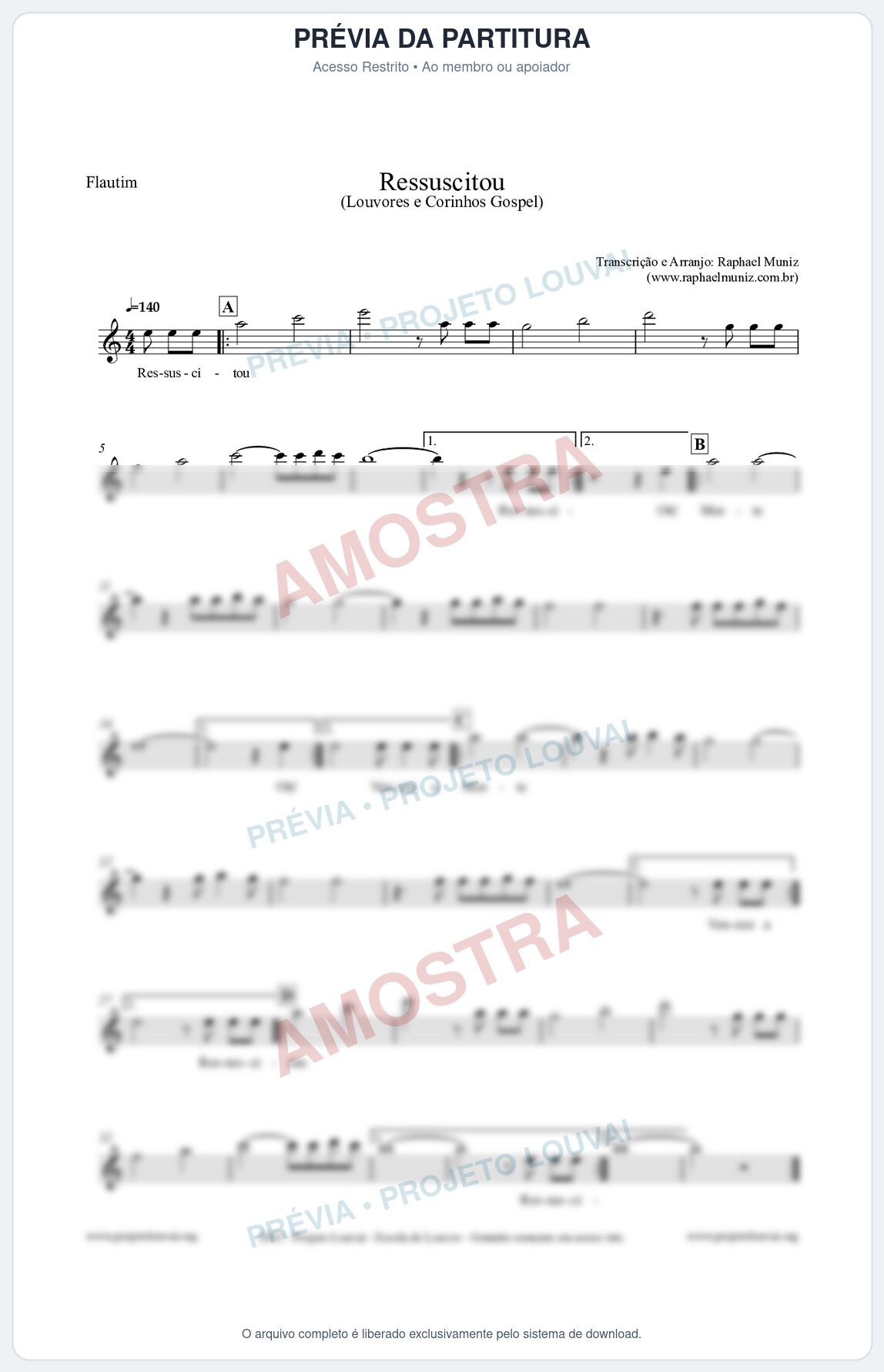 Prévia protegida da primeira página da partitura Partitura para Flautim - Ressuscitou - Louvores e Corinhos Gospel