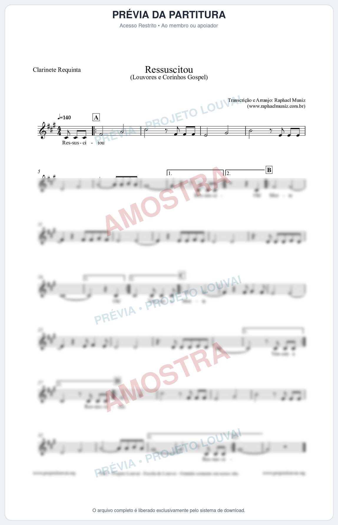 Prévia protegida da primeira página da partitura Partitura para Clarinete Requinta - Ressuscitou - Louvores e Corinhos Gospel