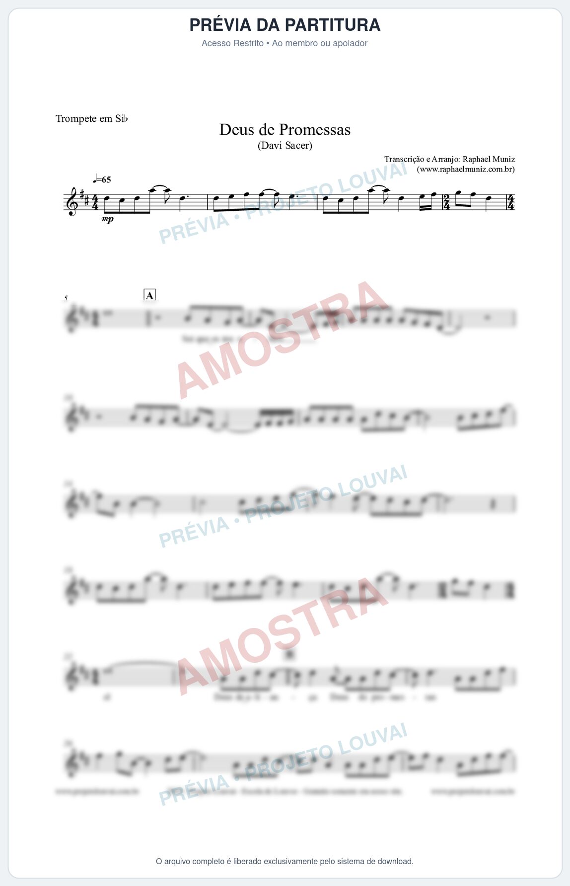 Prévia protegida da primeira página da partitura Partitura para Trompete em Bb - Deus de Promessas - Davi Sacer