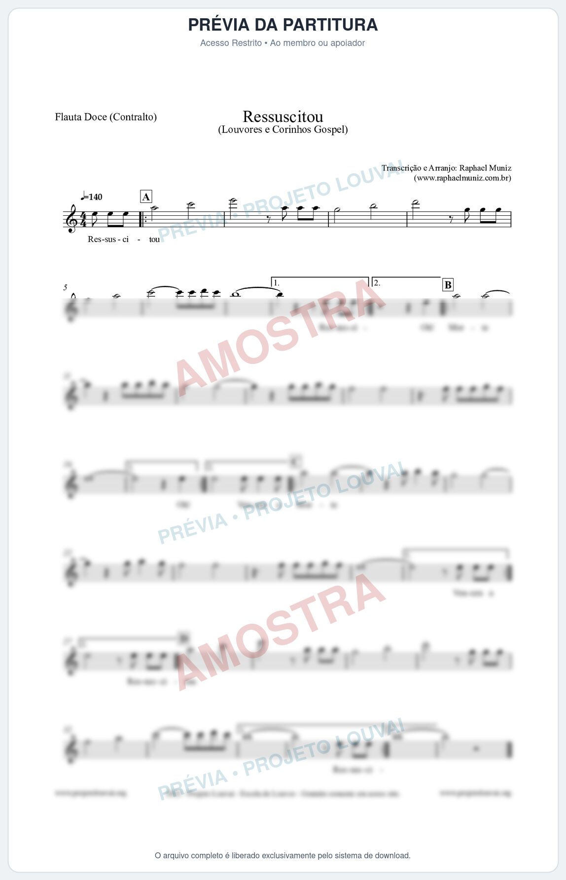 Prévia protegida da primeira página da partitura Partitura para Flauta Doce (Contralto) - Ressuscitou - Louvores e Corinhos Gospel