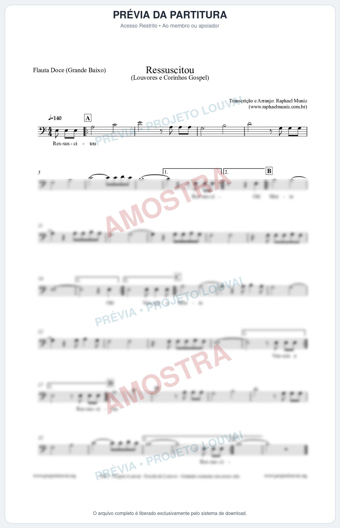 Prévia protegida da primeira página da partitura Partitura para Flauta Doce (Grande Baixo) - Ressuscitou - Louvores e Corinhos Gospel