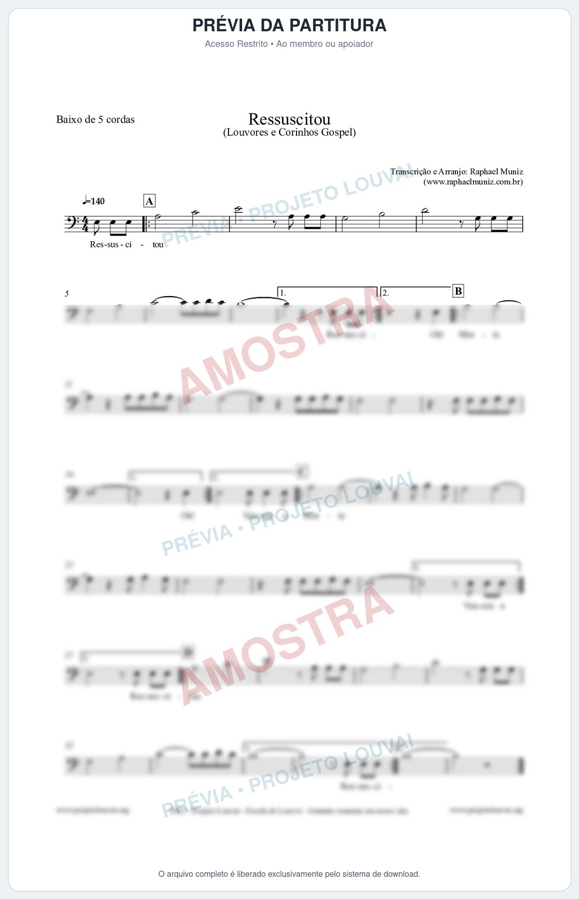 Prévia protegida da primeira página da partitura Partitura para Baixo de 5 cordas - Ressuscitou - Louvores e Corinhos Gospel