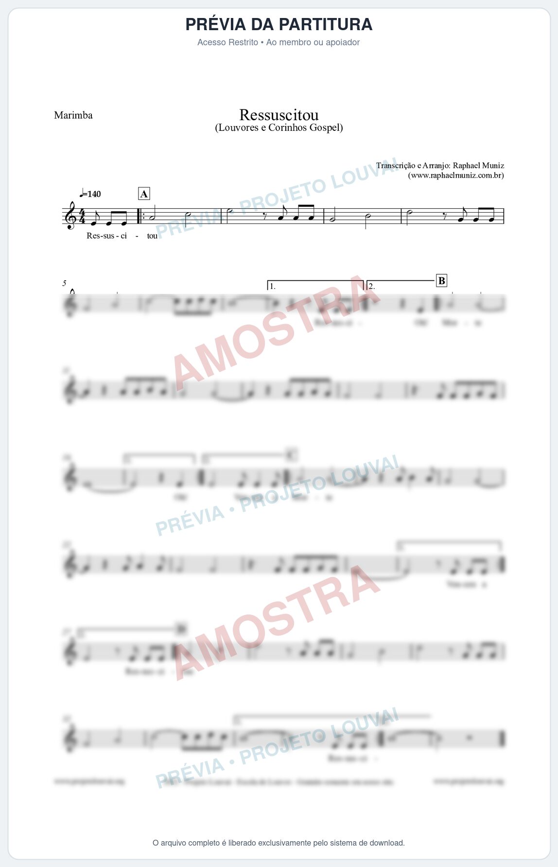 Prévia protegida da primeira página da partitura Partitura para Marimba - Ressuscitou - Louvores e Corinhos Gospel
