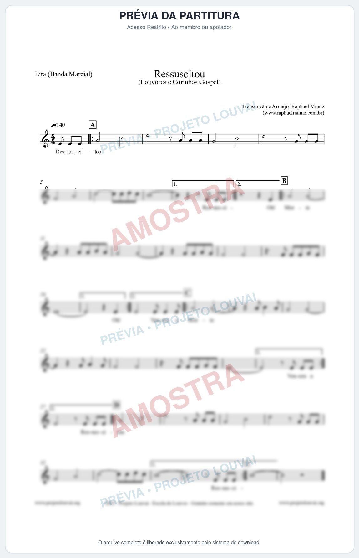 Prévia protegida da primeira página da partitura Partitura para Lira (Banda Marcial) - Ressuscitou - Louvores e Corinhos Gospel