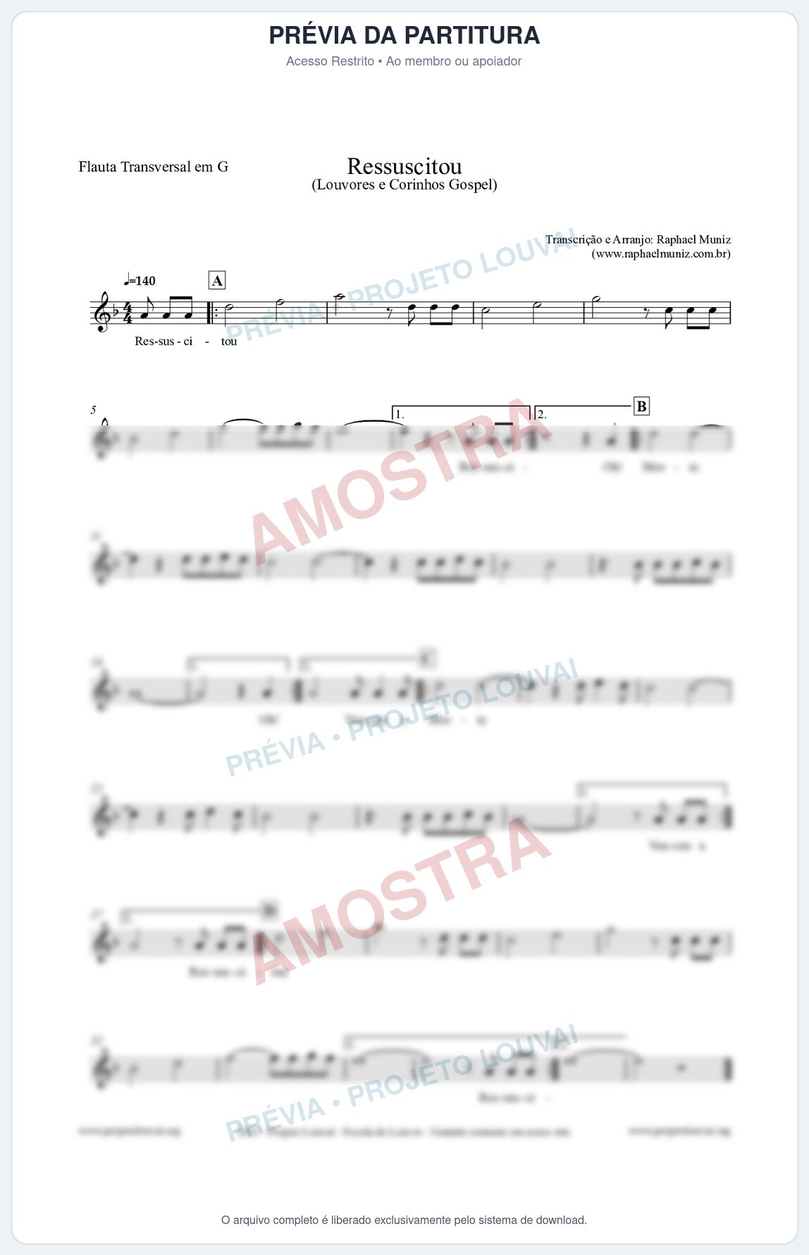 Prévia protegida da primeira página da partitura Partitura para Flauta Transversal em G - Ressuscitou - Louvores e Corinhos Gospel