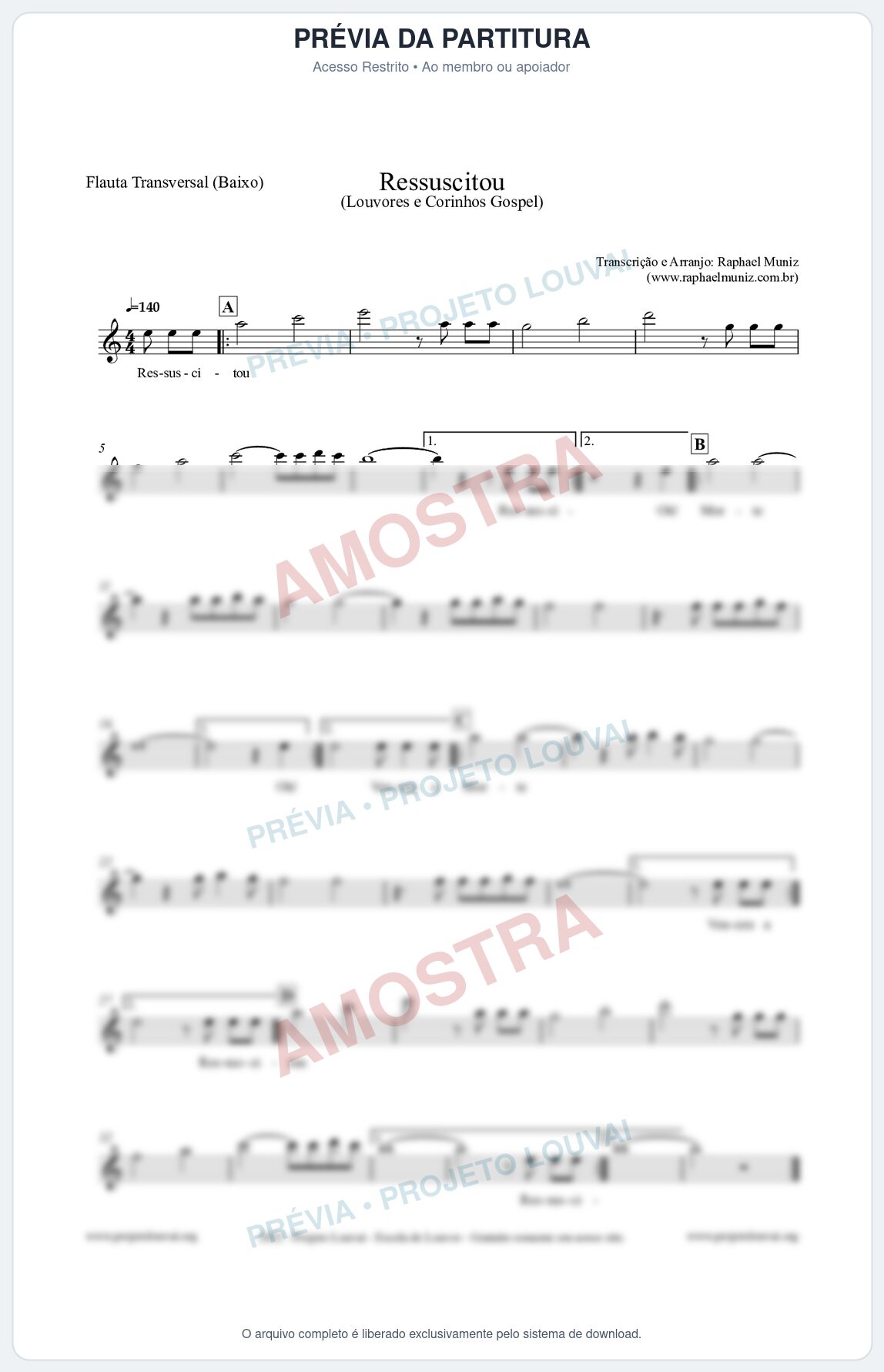Prévia protegida da primeira página da partitura Partitura para Flauta Transversal (Baixo) - Ressuscitou - Louvores e Corinhos Gospel