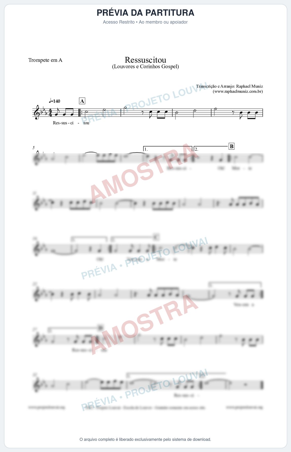 Prévia protegida da primeira página da partitura Partitura para Trompete em A - Ressuscitou - Louvores e Corinhos Gospel