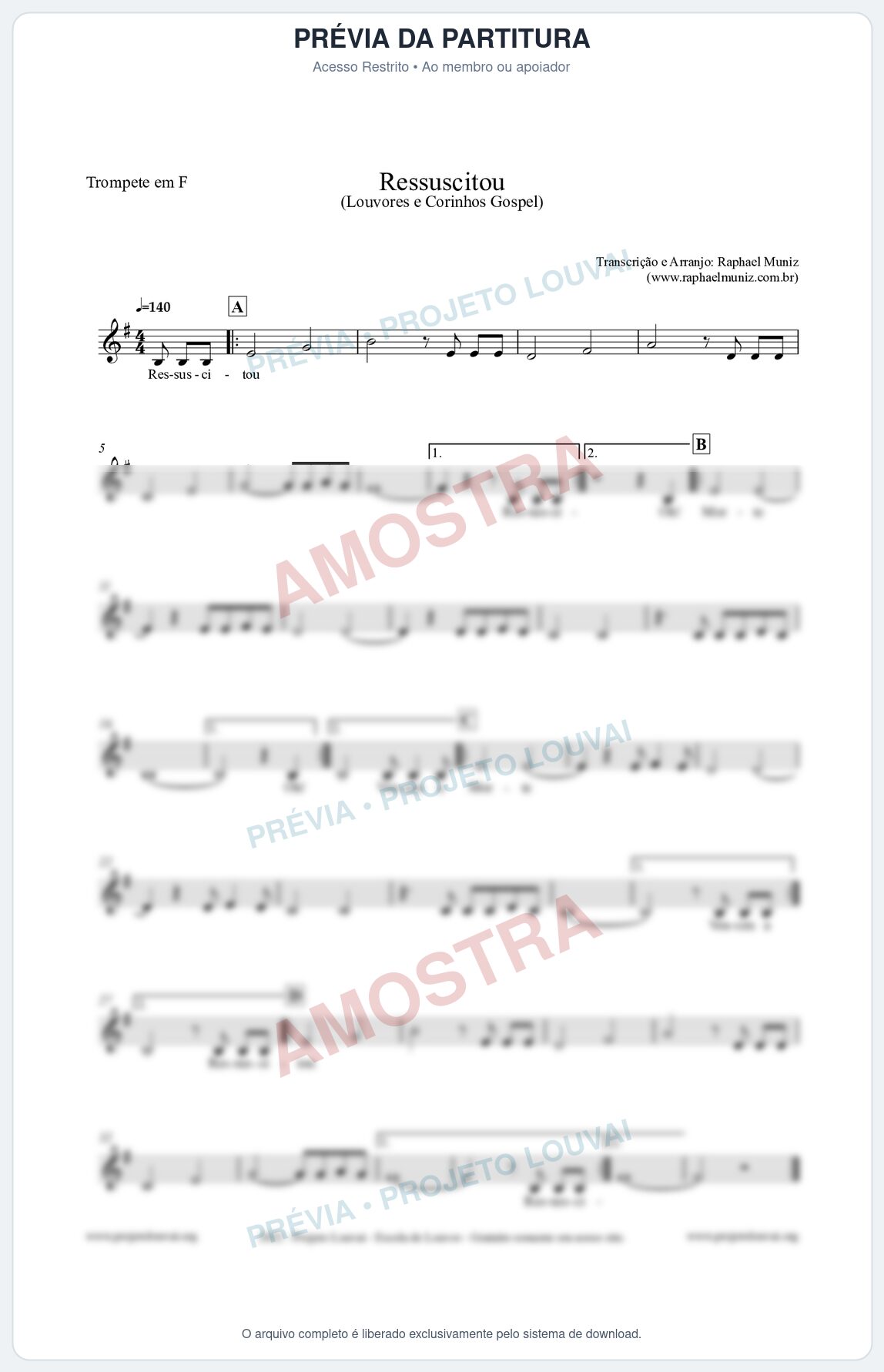 Prévia protegida da primeira página da partitura Partitura para Trompete em F - Ressuscitou - Louvores e Corinhos Gospel