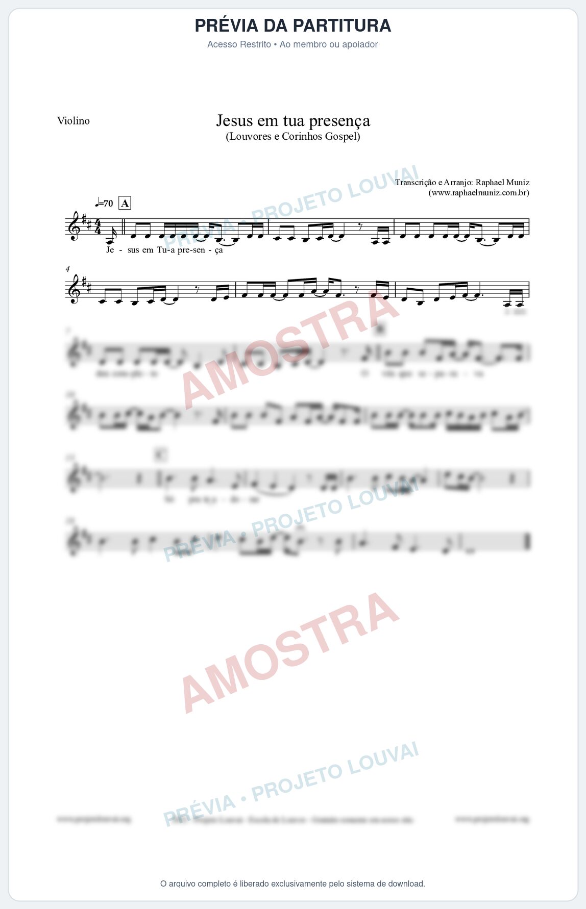 Prévia protegida da primeira página da partitura Partitura para Violino - Jesus em tua presença - Louvores e Corinhos Gospel