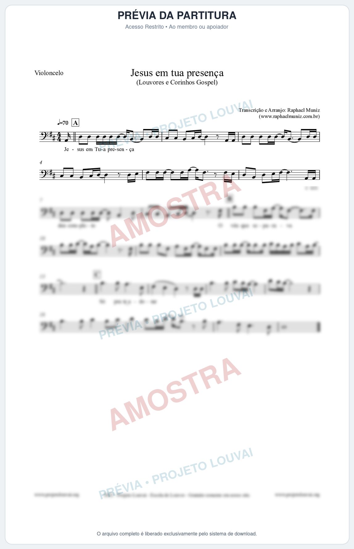 Prévia protegida da primeira página da partitura Partitura para Violoncelo - Jesus em tua presença - Louvores e Corinhos Gospel