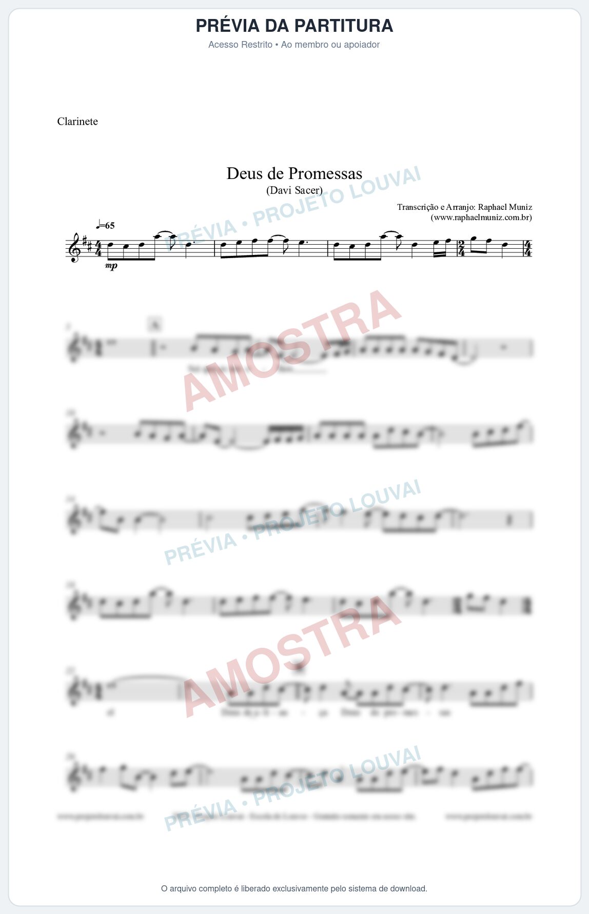Prévia protegida da primeira página da partitura Partitura para Clarinete em Bb - Deus de Promessas - Davi Sacer