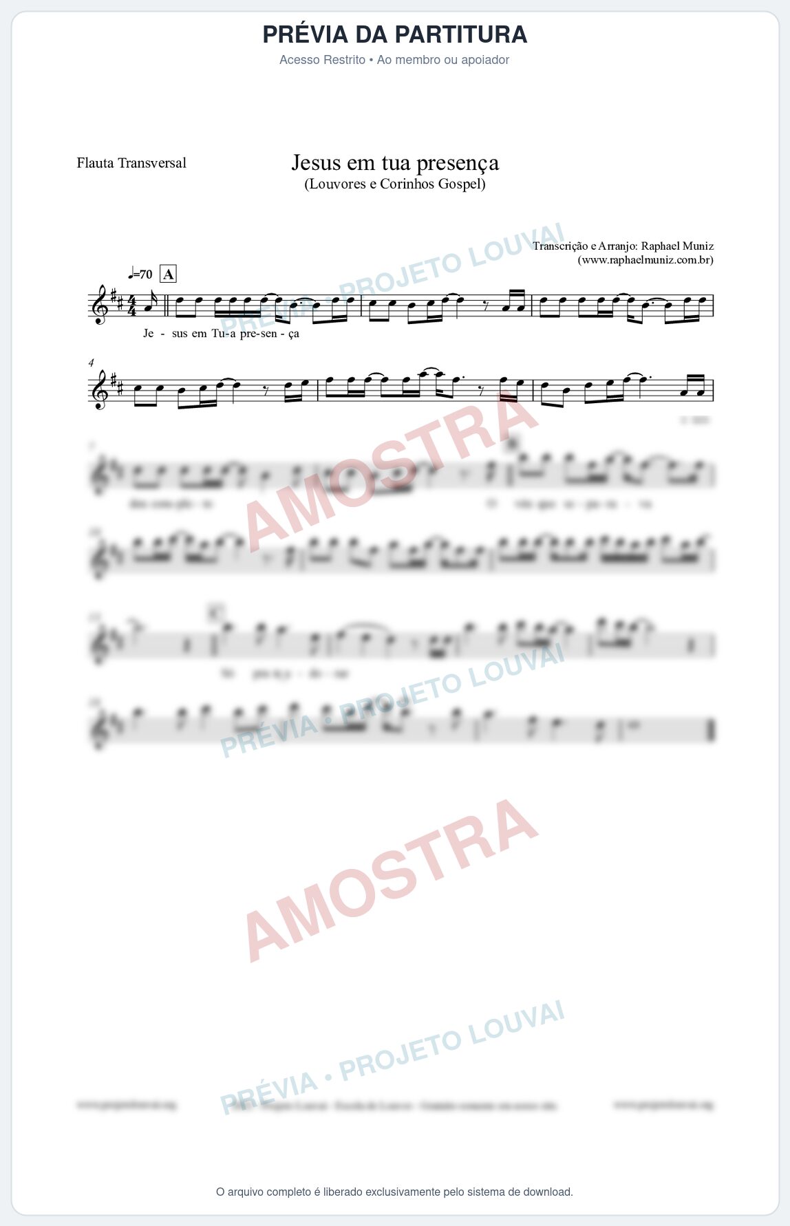 Prévia protegida da primeira página da partitura Partitura para Flauta Transversal - Jesus em tua presença - Louvores e Corinhos Gospel