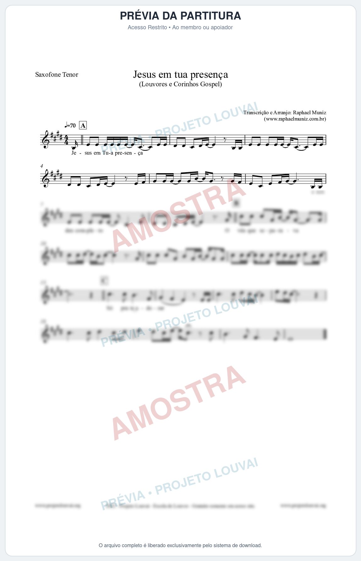 Prévia protegida da primeira página da partitura Partitura para Saxofone Tenor - Jesus em tua presença - Louvores e Corinhos Gospel