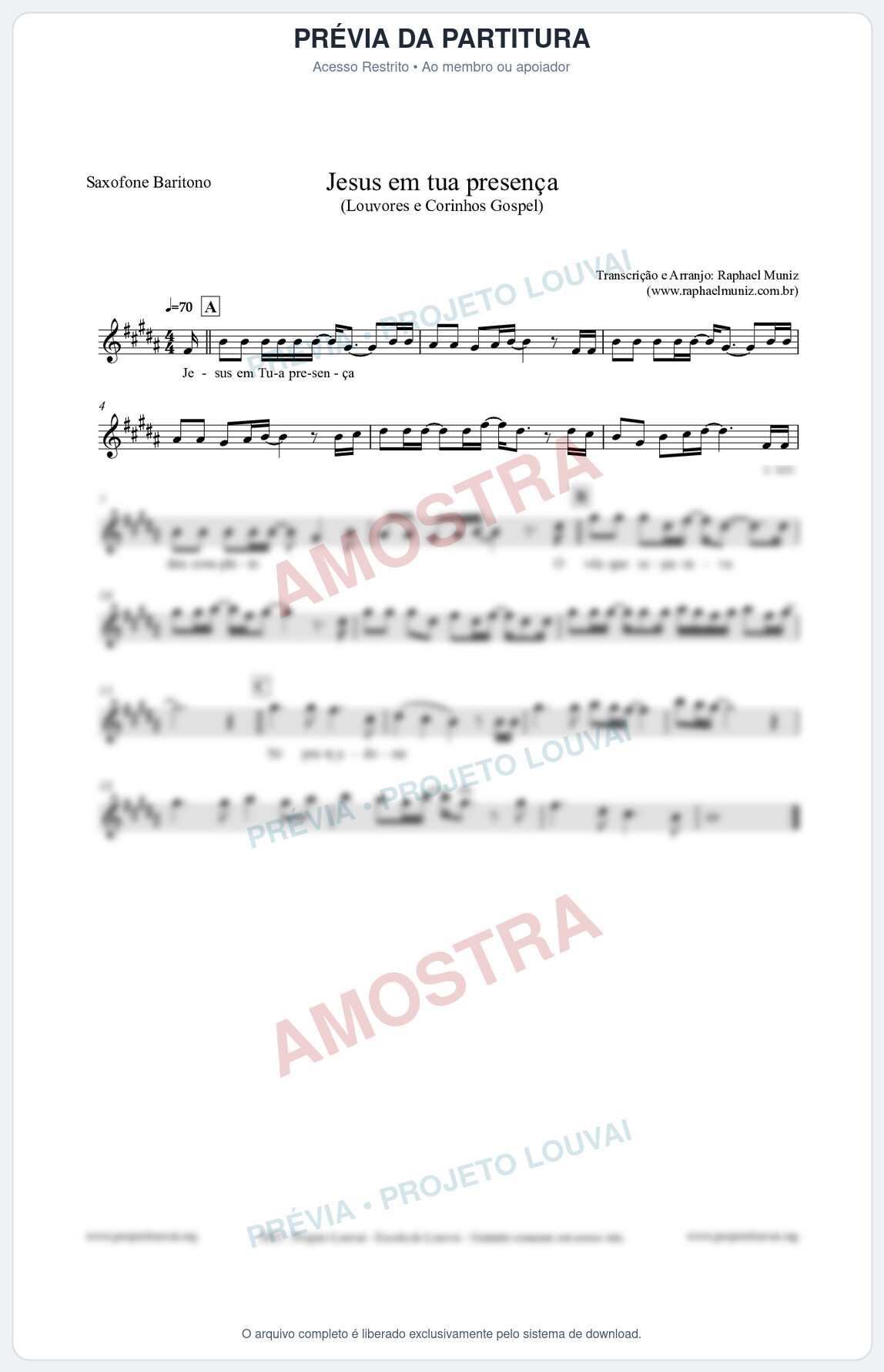 Prévia protegida da primeira página da partitura Partitura para Saxofone Barítono - Jesus em tua presença - Louvores e Corinhos Gospel