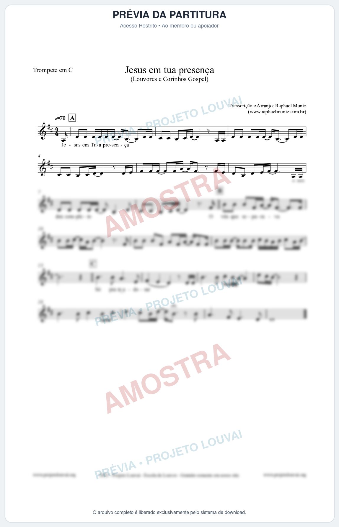 Prévia protegida da primeira página da partitura Partitura para Trompete em C - Jesus em tua presença - Louvores e Corinhos Gospel