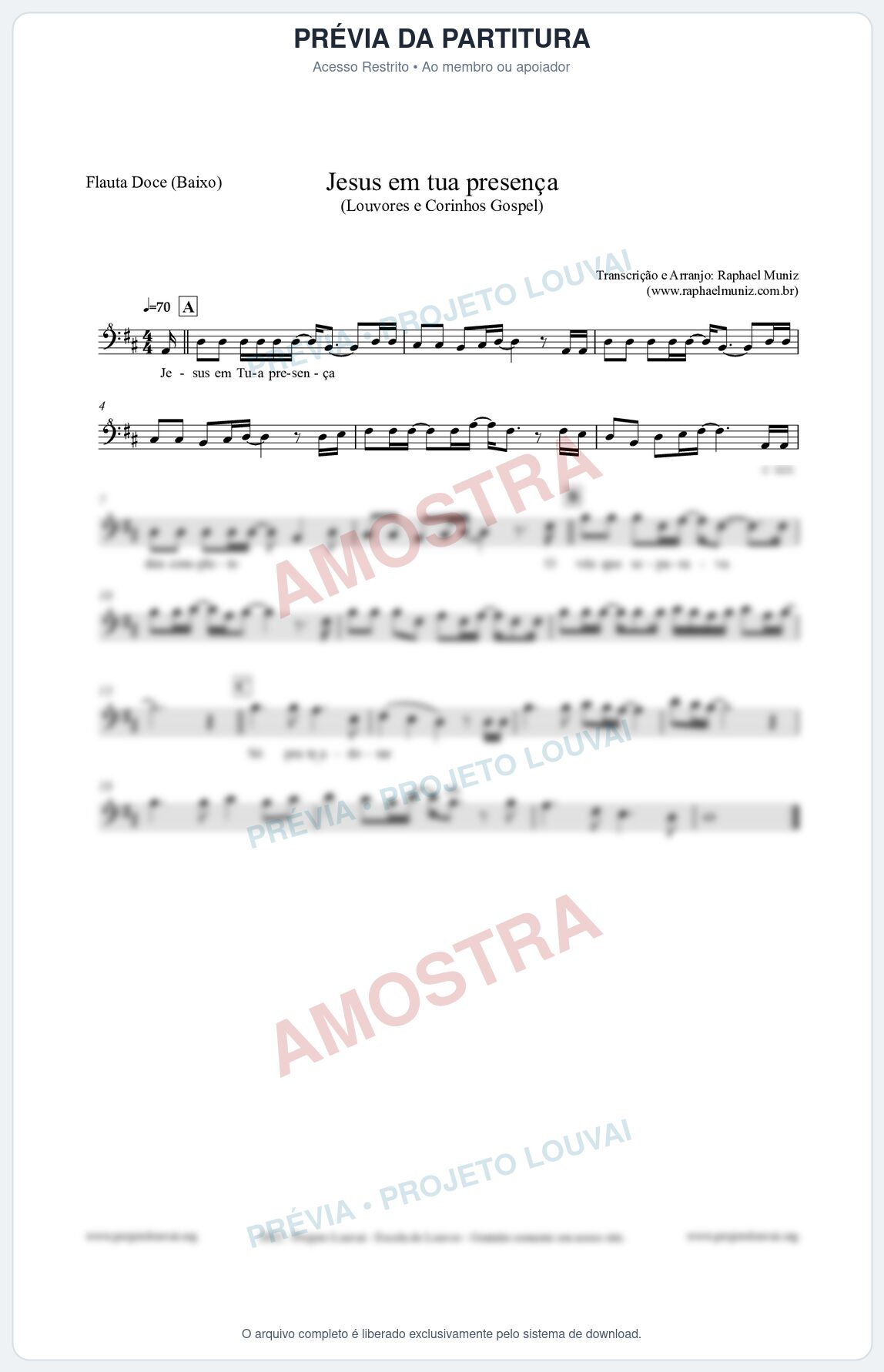 Prévia protegida da primeira página da partitura Partitura para Flauta Doce (Baixo) - Jesus em tua presença - Louvores e Corinhos Gospel