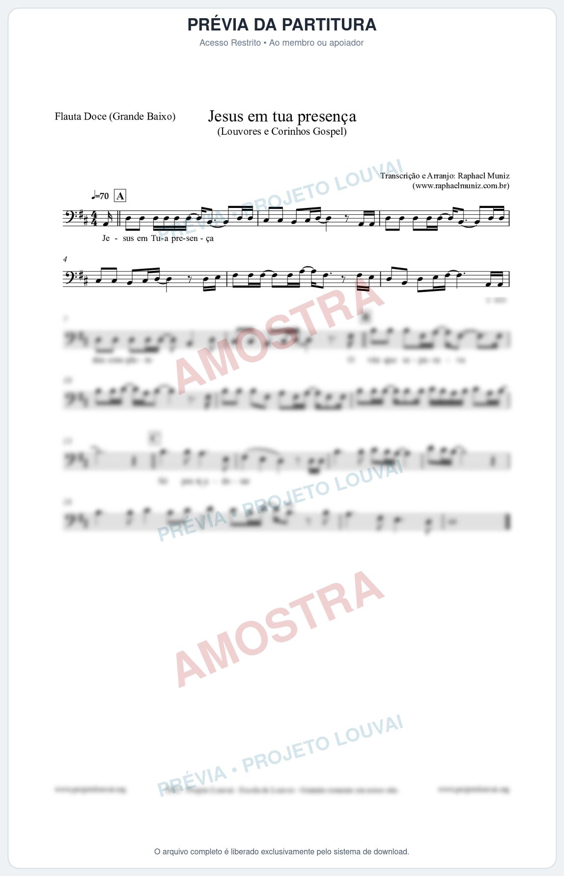Prévia protegida da primeira página da partitura Partitura para Flauta Doce (Grande Baixo) - Jesus em tua presença - Louvores e Corinhos Gospel