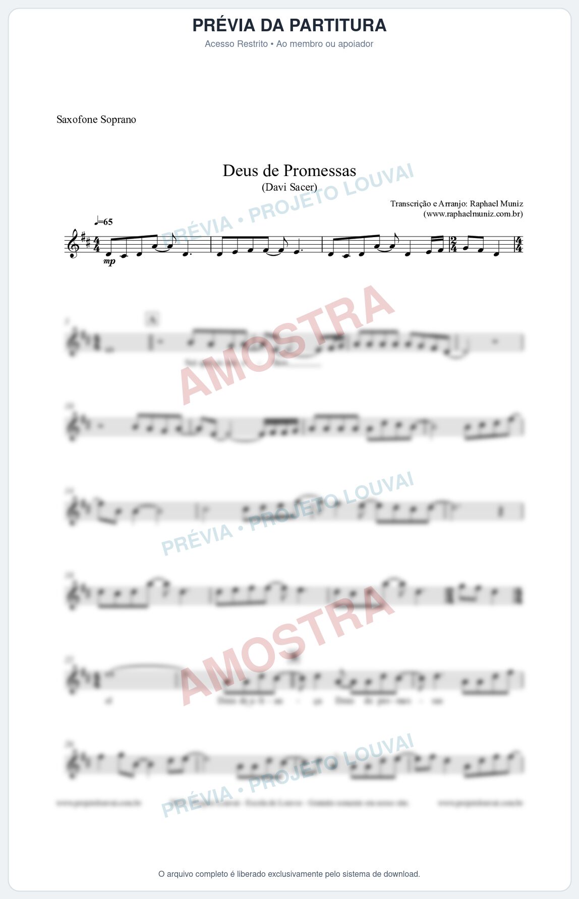 Prévia protegida da primeira página da partitura Partitura para Saxofone Soprano - Deus de Promessas - Davi Sacer
