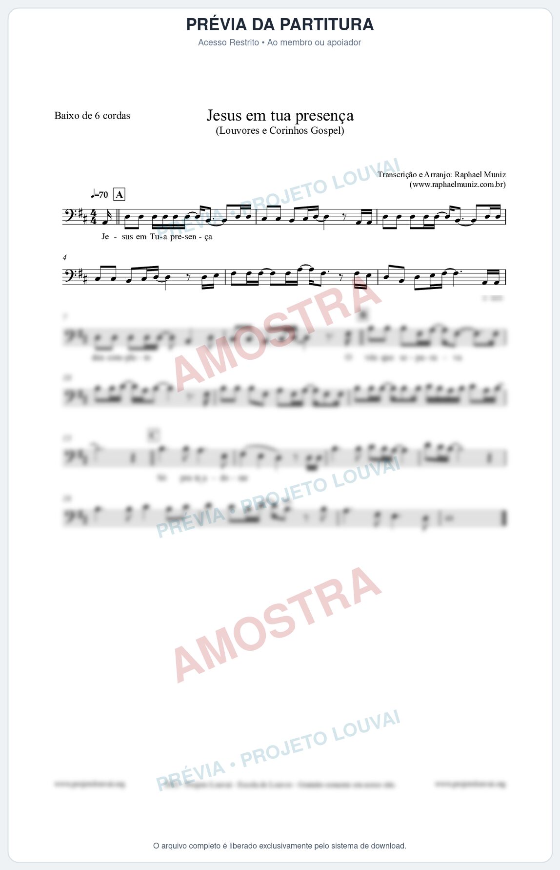Prévia protegida da primeira página da partitura Partitura para Baixo de 6 cordas - Jesus em tua presença - Louvores e Corinhos Gospel