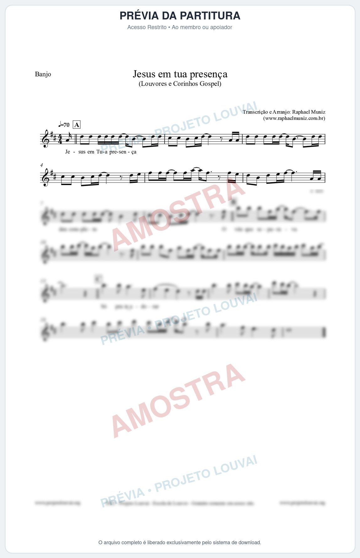 Prévia protegida da primeira página da partitura Partitura para Banjo - Jesus em tua presença - Louvores e Corinhos Gospel