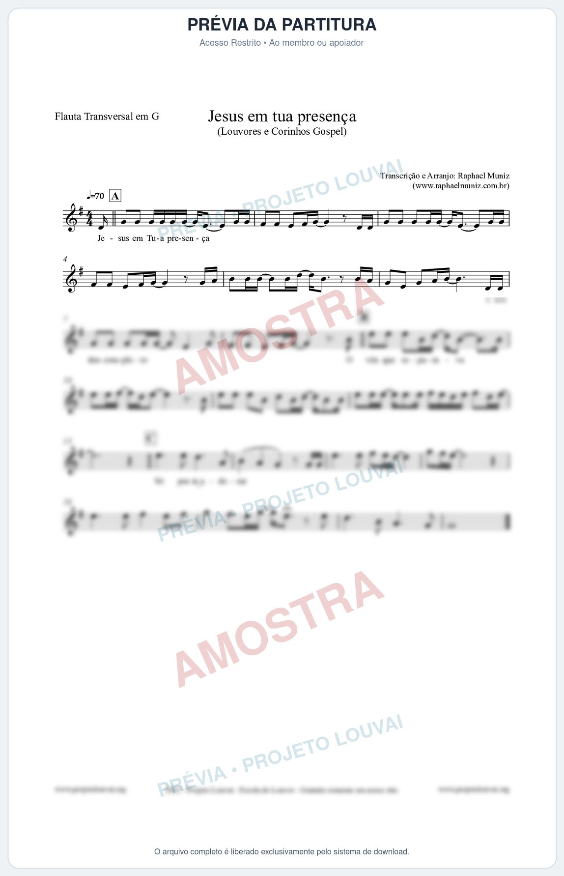 Prévia protegida da primeira página da partitura Partitura para Flauta Transversal em G - Jesus em tua presença - Louvores e Corinhos Gospel
